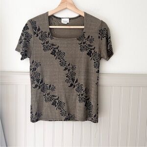 Vintage NICOLA Olive Black Floral Short Sleeve Tee medium petite